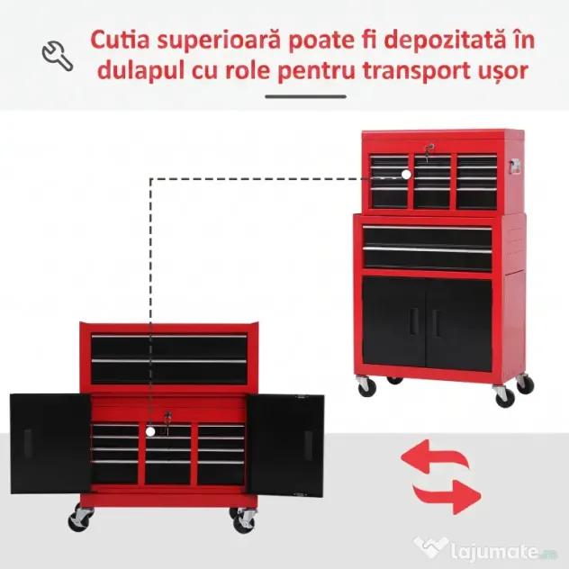 HOMCOM Cărucior pentru Scule cu 6 Sertare, Dulap de Depozitare 2 în 1 cu Încuietoare, Cutie Metalică pentru Atelier, Roșu