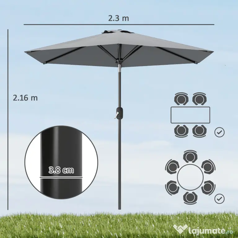 Outsunny Umbrelă Inclinabilă pentru Grădină și Terasă 2.3x2m cu Deschidere Ușoară prin Manivelă, Structură Metalică și 6 Stinghii, Gri | Aosom Romania