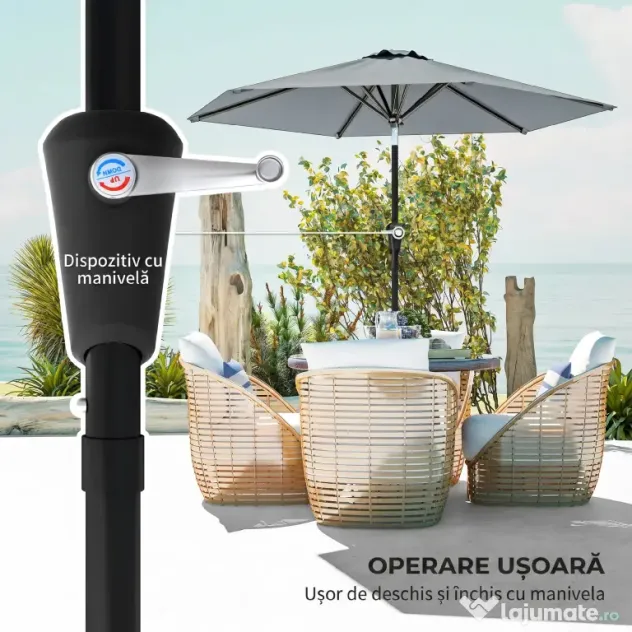 Outsunny Umbrelă Inclinabilă pentru Grădină și Terasă 2.3x2m cu Deschidere Ușoară prin Manivelă, Structură Metalică și 6 Stinghii, Gri | Aosom Romania