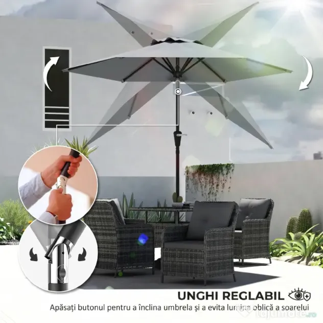 Outsunny Umbrelă Inclinabilă pentru Grădină și Terasă 2.3x2m cu Deschidere Ușoară prin Manivelă, Structură Metalică și 6 Stinghii, Gri | Aosom Romania