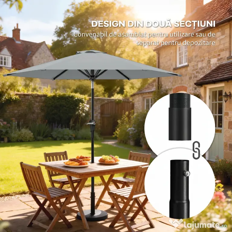 Outsunny Umbrelă Inclinabilă pentru Grădină și Terasă 2.3x2m cu Deschidere Ușoară prin Manivelă, Structură Metalică și 6 Stinghii, Gri | Aosom Romania