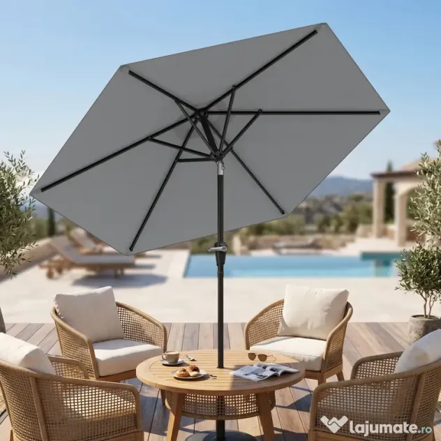 Outsunny Umbrelă Inclinabilă pentru Grădină și Terasă 2.3x2m cu Deschidere Ușoară prin Manivelă, Structură Metalică și 6 Stinghii, Gri | Aosom Romania