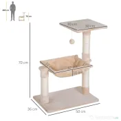 PawHut Turn pentru Pisici max. 3,6 kg cu Hamac și Minge Suspendată, din Lemn și Pluș, 50x36x70 cm, Bej 