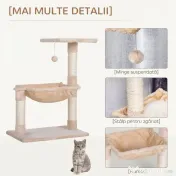 PawHut Turn pentru Pisici max. 3,6 kg cu Hamac și Minge Suspendată, din Lemn și Pluș, 50x36x70 cm, Bej 