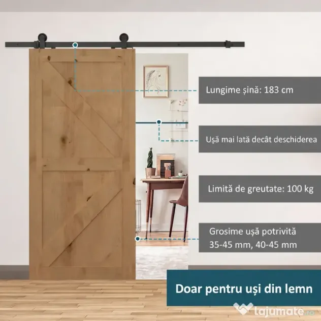 HOMCOM Set pentru Ușă Glisantă cu Șină de 183 cm, Role și Accesorii Incluse, Alb
