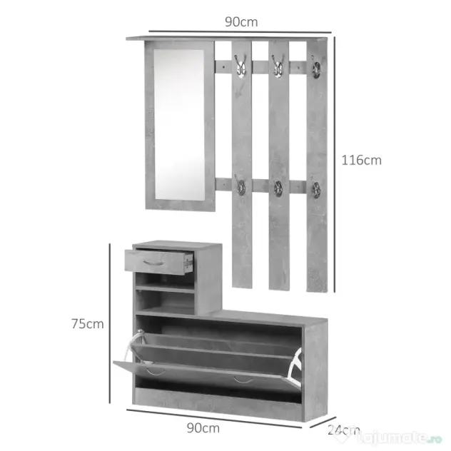Mobile Garderoba pentru Intrare si Dormitor, cu Cuier cu 6 Carlige, Pantofar Reglabil si Oglinda, Gri ciment, 90x22x116 cm Gri ciment | Aosom Romania