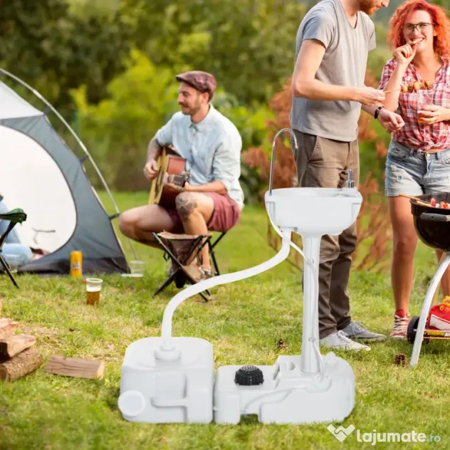 Chiuveta Portabila de Camping cu 2 roti, Rezervor de Apa de 17 litri, Rezervor de Sapun 83x50x103cm Outsunny | Aosom Romania