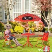 Outsunny Set masă de grădină cu 2 scaune pliabile, masă și scaune pentru copii în aer liber cu umbrelă din metal și poliester, roșu | Aosom Romania