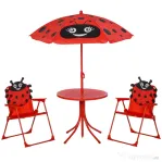 Outsunny Set masă de grădină cu 2 scaune pliabile, masă și scaune pentru copii în aer liber cu umbrelă din metal și poliester, roșu