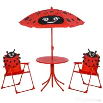 Outsunny Set masă de grădină cu 2 scaune pliabile, masă și scaune pentru copii în aer liber cu umbrelă din metal și poliester, roșu