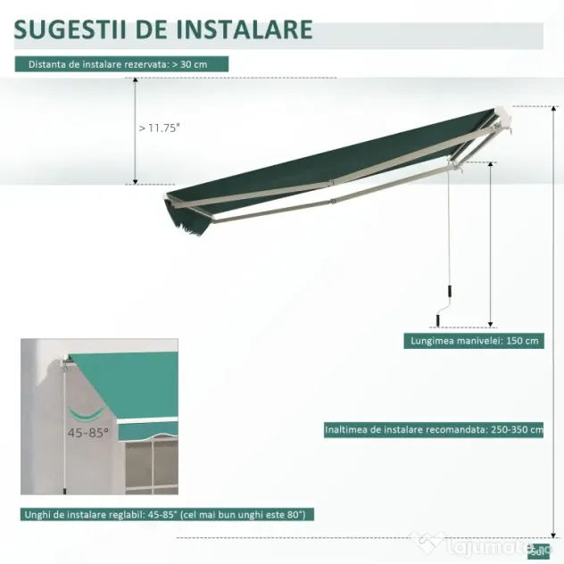 Outsunny Rulou Parasolar de Perete Impermeabil, Protecție UV și Rezistență la Apă, 295x245 cm, Verde | Aosom Romania