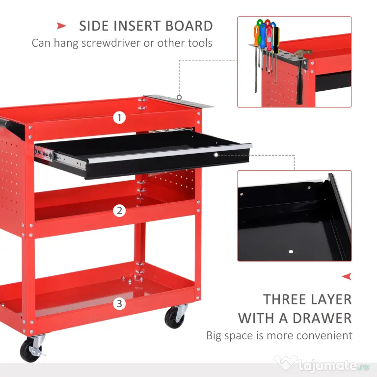 Durhand Cărucior pentru Scule Atelier, Organizator Mobil, Roșu, 70x35x75.5 cm | Aosom Romania