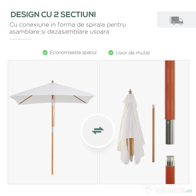 Outsunny Umbrelă de Grădină cu Mecanism de Înclinare, Design Clasic, 2x1.5m, Bej | Aosom Romania