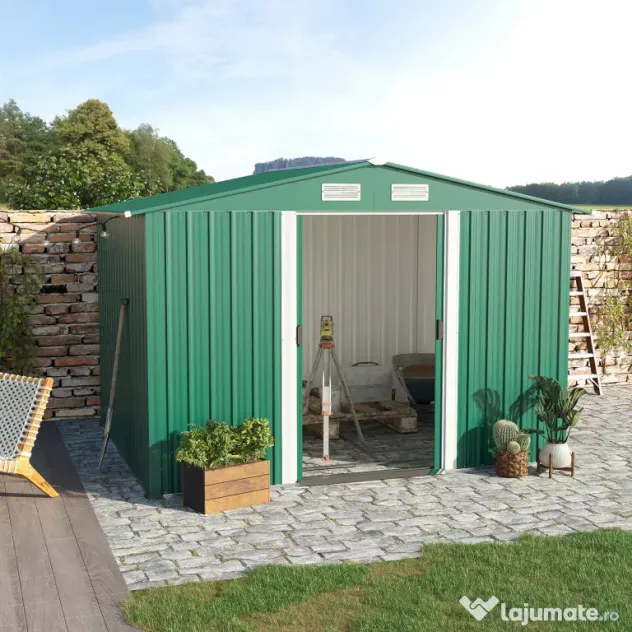 Casuta de gradina Outsunny, din lamiera de Oțel 246x192,5x177,5cm Verde | Aosom Romania