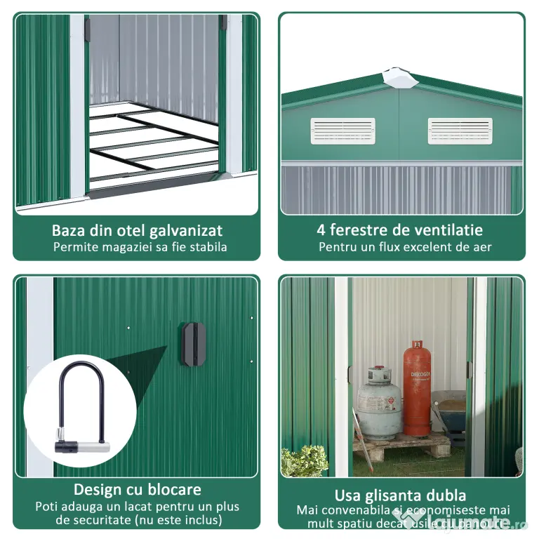 Casuta de gradina Outsunny, din lamiera de Oțel 246x192,5x177,5cm Verde | Aosom Romania