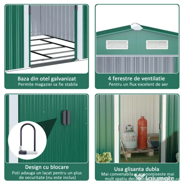 Casuta de gradina Outsunny, din lamiera de Oțel 246x192,5x177,5cm Verde | Aosom Romania