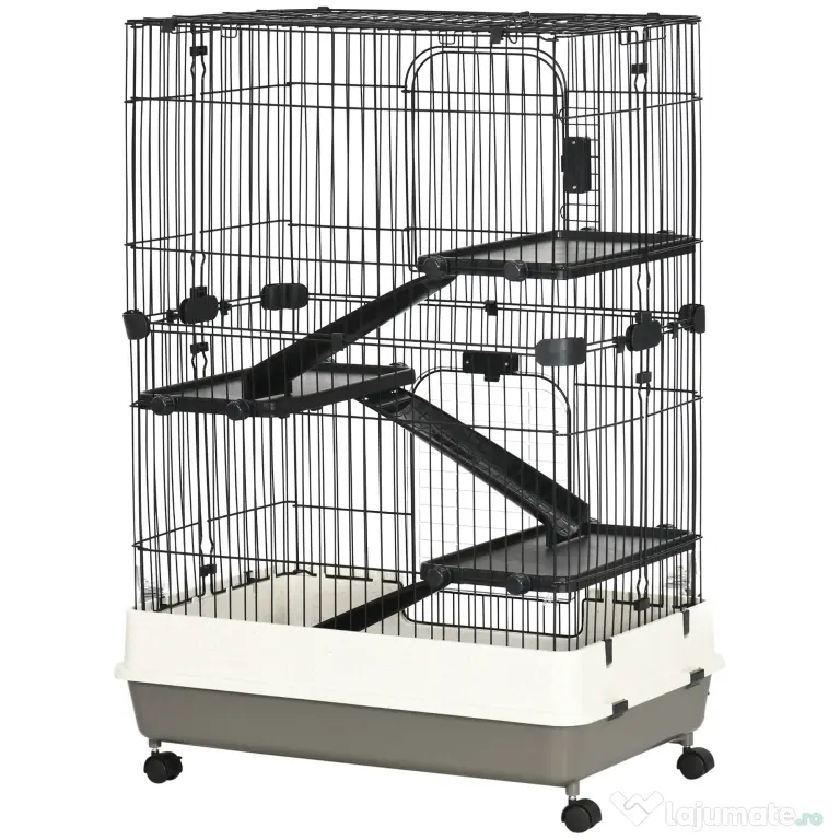 PawHut Cușcă pentru Hamsteri pe Trei Nivele, Căsuță cu Roți pentru Rozătoare, Iepuri și Porcușori de Guineea, 81,2x52,7x114 cm, Neagru | Aosom Romania