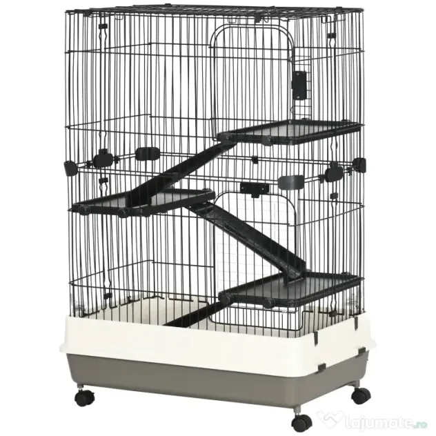 PawHut Cușcă pentru Hamsteri pe Trei Nivele, Căsuță cu Roți pentru Rozătoare, Iepuri și Porcușori de Guineea, 81,2x52,7x114 cm, Neagru | Aosom Romania