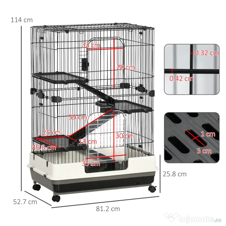PawHut Cușcă pentru Hamsteri pe Trei Nivele, Căsuță cu Roți pentru Rozătoare, Iepuri și Porcușori de Guineea, 81,2x52,7x114 cm, Neagru | Aosom Romania