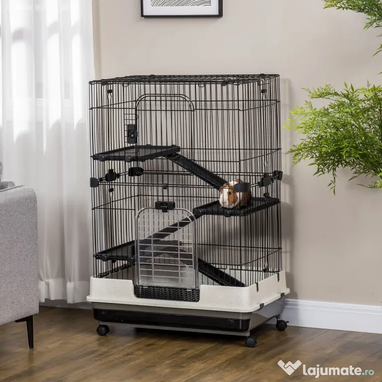 PawHut Cușcă pentru Hamsteri pe Trei Nivele, Căsuță cu Roți pentru Rozătoare, Iepuri și Porcușori de Guineea, 81,2x52,7x114 cm, Neagru | Aosom Romania