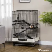 PawHut Cușcă pentru Hamsteri pe Trei Nivele, Căsuță cu Roți pentru Rozătoare, Iepuri și Porcușori de Guineea, 81,2x52,7x114 cm, Neagru | Aosom Romania 