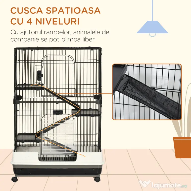 PawHut Cușcă pentru Hamsteri pe Trei Nivele, Căsuță cu Roți pentru Rozătoare, Iepuri și Porcușori de Guineea, 81,2x52,7x114 cm, Neagru | Aosom Romania