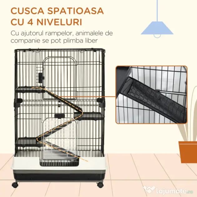 PawHut Cușcă pentru Hamsteri pe Trei Nivele, Căsuță cu Roți pentru Rozătoare, Iepuri și Porcușori de Guineea, 81,2x52,7x114 cm, Neagru | Aosom Romania