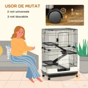 PawHut Cușcă pentru Hamsteri pe Trei Nivele, Căsuță cu Roți pentru Rozătoare, Iepuri și Porcușori de Guineea, 81,2x52,7x114 cm, Neagru | Aosom Romania 