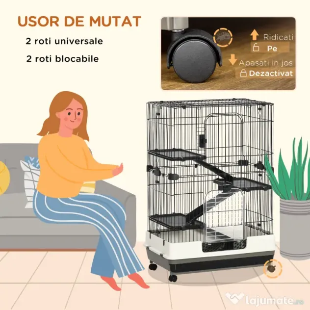 PawHut Cușcă pentru Hamsteri pe Trei Nivele, Căsuță cu Roți pentru Rozătoare, Iepuri și Porcușori de Guineea, 81,2x52,7x114 cm, Neagru | Aosom Romania
