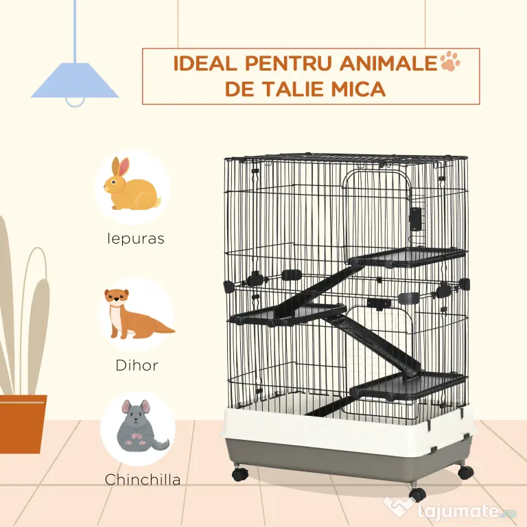 PawHut Cușcă pentru Hamsteri pe Trei Nivele, Căsuță cu Roți pentru Rozătoare, Iepuri și Porcușori de Guineea, 81,2x52,7x114 cm, Neagru | Aosom Romania