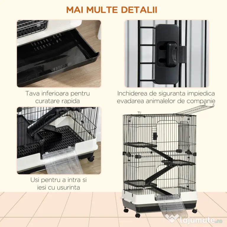 PawHut Cușcă pentru Hamsteri pe Trei Nivele, Căsuță cu Roți pentru Rozătoare, Iepuri și Porcușori de Guineea, 81,2x52,7x114 cm, Neagru | Aosom Romania