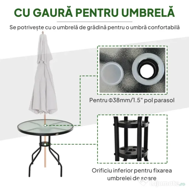 Outsunny Măsuță de Exterior din Oțel cu Sticlă Securizată, Ideală pentru Grădină și Terasă, Ф80x72cm | Aosom Romania