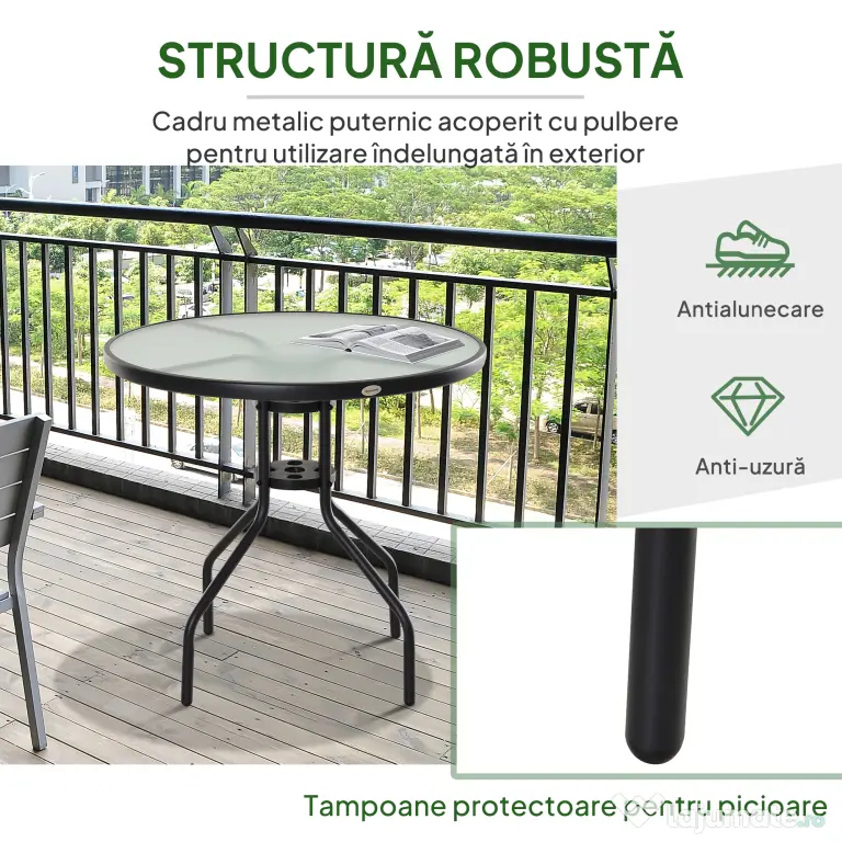 Outsunny Măsuță de Exterior din Oțel cu Sticlă Securizată, Ideală pentru Grădină și Terasă, Ф80x72cm | Aosom Romania