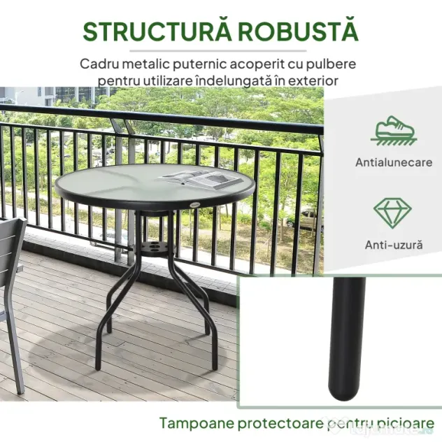 Outsunny Măsuță de Exterior din Oțel cu Sticlă Securizată, Ideală pentru Grădină și Terasă, Ф80x72cm | Aosom Romania