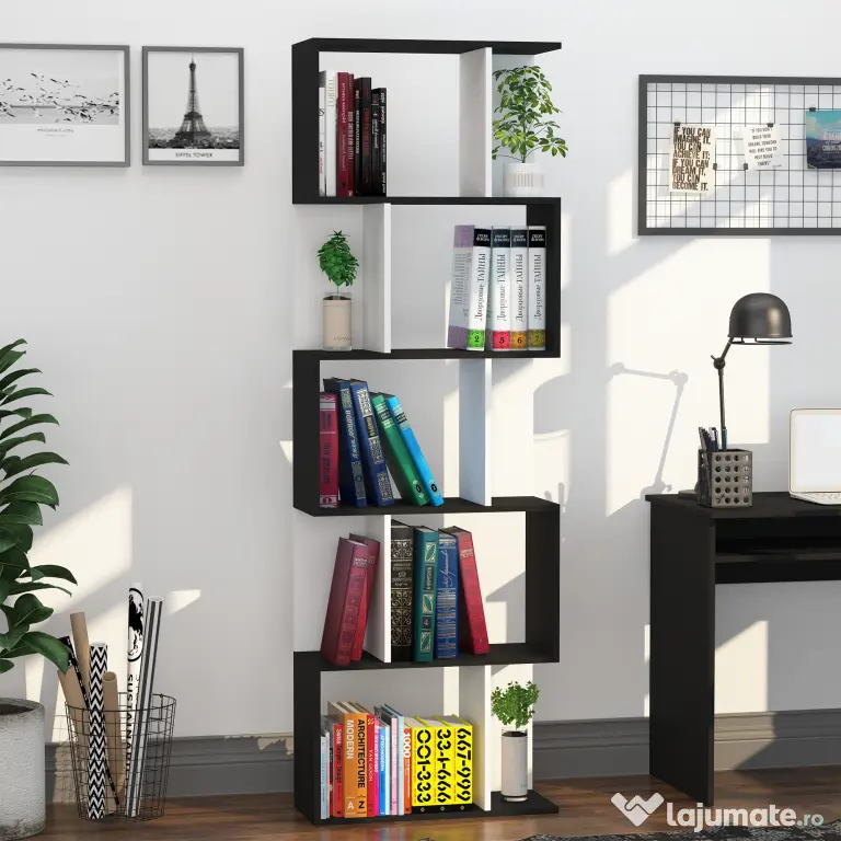HOMCOM Bibliotecă de perete cu 5 rafturi, 60x24x184.5 cm, Alb și Negru | Aosom Romania