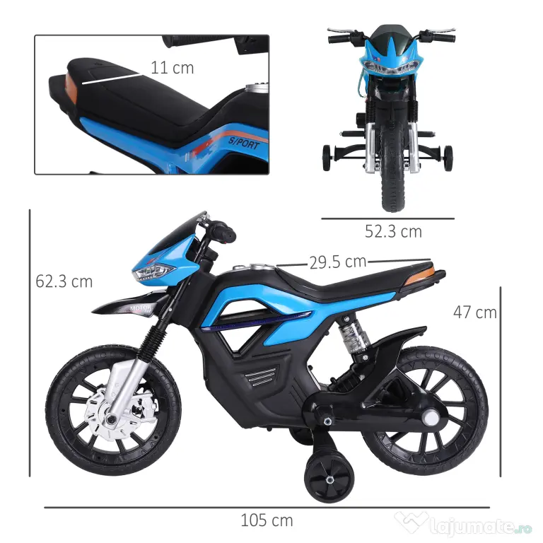 HOMCOM Motocicleta Electrică Copii cu Suspensie Dublă și Muzică și Lumini pentru Copii de la 3 la 8 ani Albastru Deschis | Aosom Romania