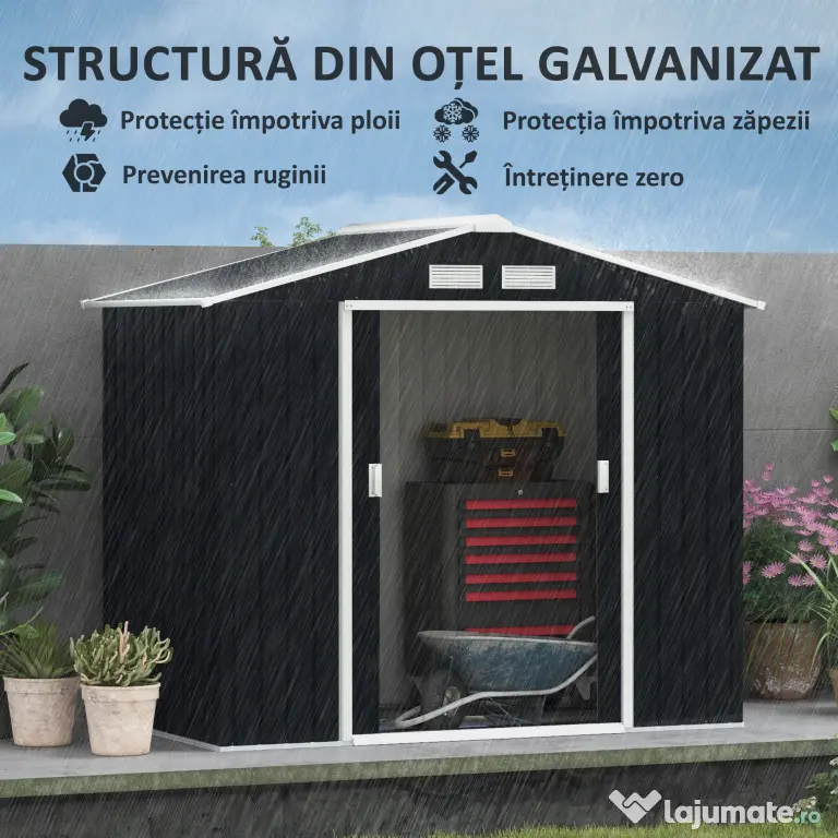 Outsunny Casuta de Gradina, Magazie de Depozitare, sopron pentru Unelte din Tabla de Otel, cu Usi glisante, Gri | Aosom Romania