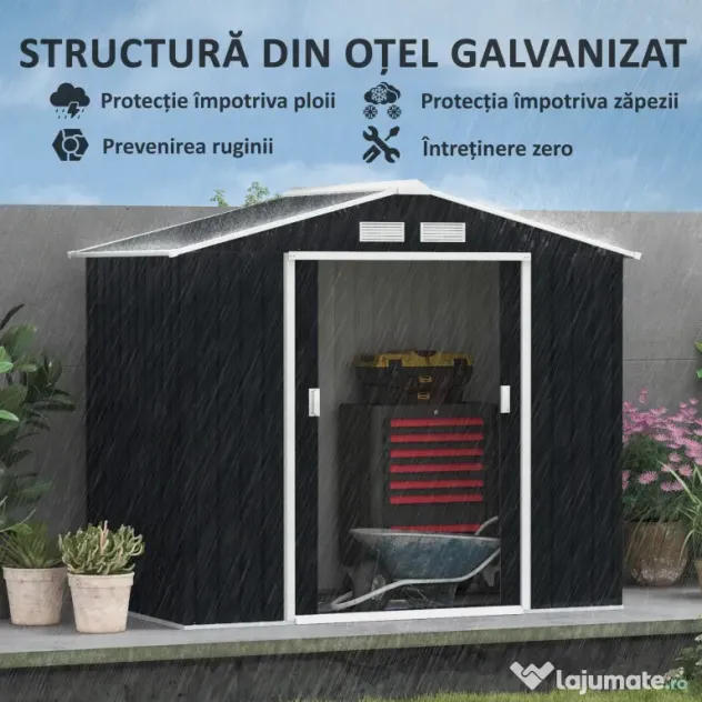 Outsunny Casuta de Gradina, Magazie de Depozitare, sopron pentru Unelte din Tabla de Otel, cu Usi glisante, Gri | Aosom Romania