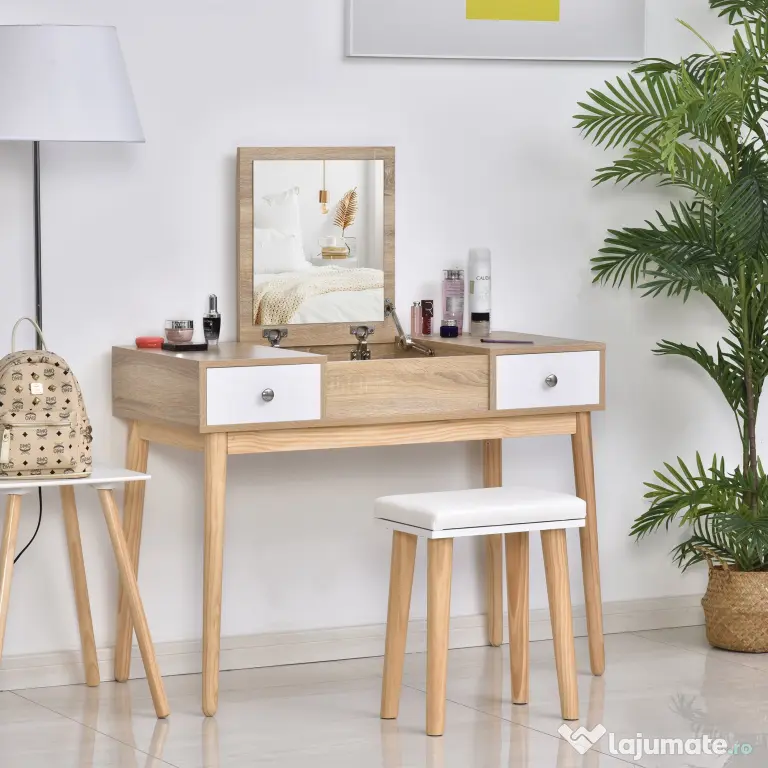 Masa de toaleta cu oglinda glisanta scaun tapitat 2 sertare 5 compartimente de depozitare pentru casa 100x45x118cm Lemn HOMCOM | Aosom RO
