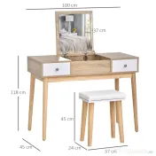 Masa de toaleta cu oglinda glisanta scaun tapitat 2 sertare 5 compartimente de depozitare pentru casa 100x45x118cm Lemn HOMCOM | Aosom RO