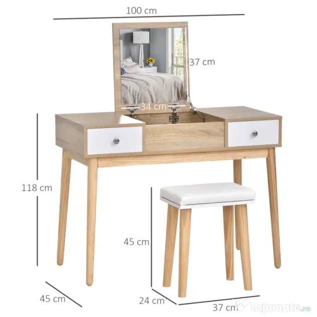 Masa de toaleta cu oglinda glisanta scaun tapitat 2 sertare 5 compartimente de depozitare pentru casa 100x45x118cm Lemn HOMCOM | Aosom RO