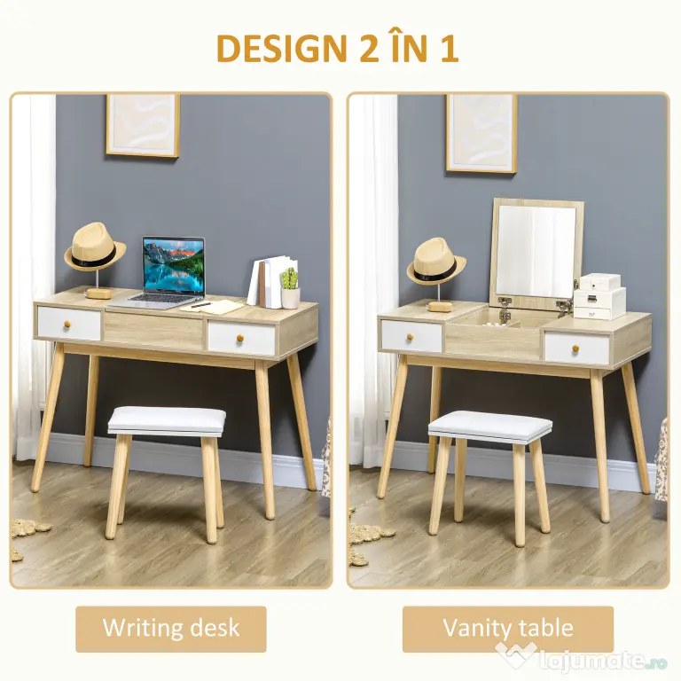 Masa de toaleta cu oglinda glisanta scaun tapitat 2 sertare 5 compartimente de depozitare pentru casa 100x45x118cm Lemn HOMCOM | Aosom RO