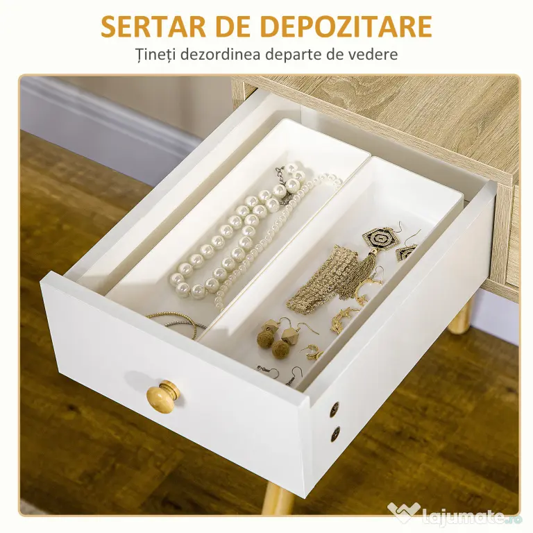 Masa de toaleta cu oglinda glisanta scaun tapitat 2 sertare 5 compartimente de depozitare pentru casa 100x45x118cm Lemn HOMCOM | Aosom RO