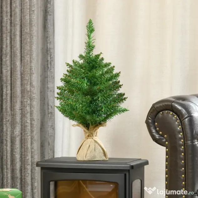 Mini Brad de Craciun Artificial 45cm, brad verde cu 50 Ramuri, baza din iuta, decoratiune de Craciun PVC HOMCOM | Aosom RO