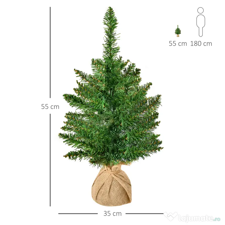Mini Brad de Craciun Artificial 45cm, brad verde cu 50 Ramuri, baza din iuta, decoratiune de Craciun PVC HOMCOM | Aosom RO