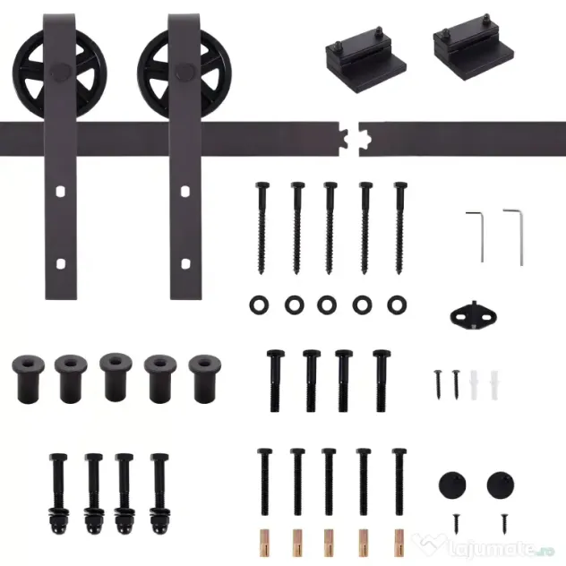 HOMCOM Kit Usa Glisanta 100kg max din Otel Carbon, pentru Usi Glisante cu Sina, 2 Manere, 2 Opritoare Usa, 2 Opritoare Podea, 183x4x0.6 cm
