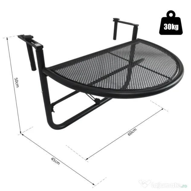 Outsunny Masă Suspendată pentru Balcon, Reglabilă în Înălțime, Design Spațiu-Eficient, Fier, Negru, 60x45x50 cm | Aosom Romania
