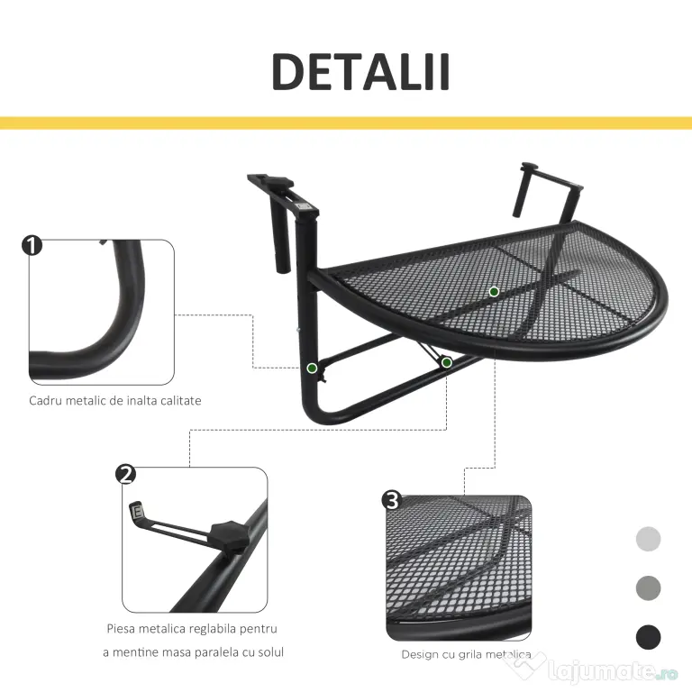 Outsunny Masă Suspendată pentru Balcon, Reglabilă în Înălțime, Design Spațiu-Eficient, Fier, Negru, 60x45x50 cm | Aosom Romania