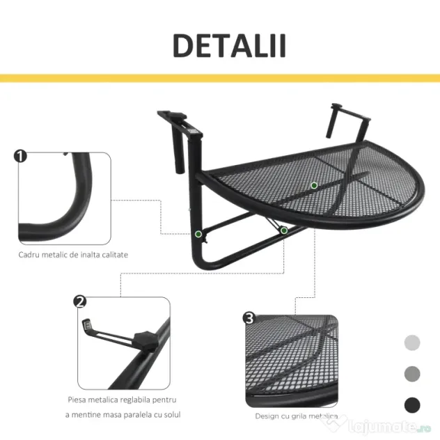 Outsunny Masă Suspendată pentru Balcon, Reglabilă în Înălțime, Design Spațiu-Eficient, Fier, Negru, 60x45x50 cm | Aosom Romania