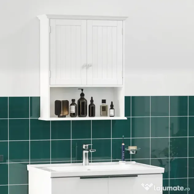 kleankin Dulap de Baie Suspendat cu Dulăpior, 2 Uși cu Închidere Magnetică și Raft Deschis, 60x20x70.5 cm, Alb | Aosom Romania